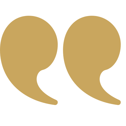 Gold quotation marks icon on a black background, representing a testimonial or quote.