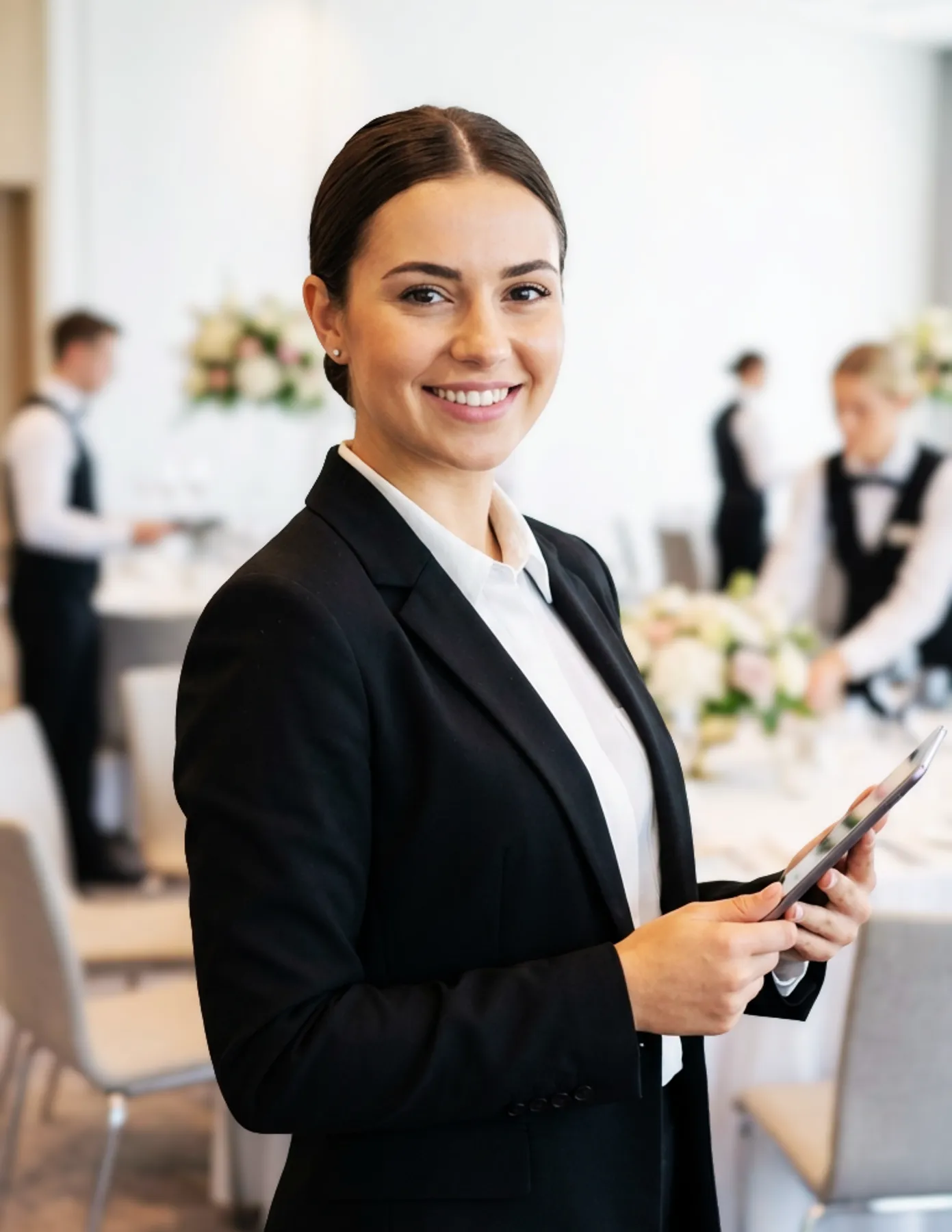 A female event manager in a black blazer holding a tablet and smiling while staff set tables in the background.