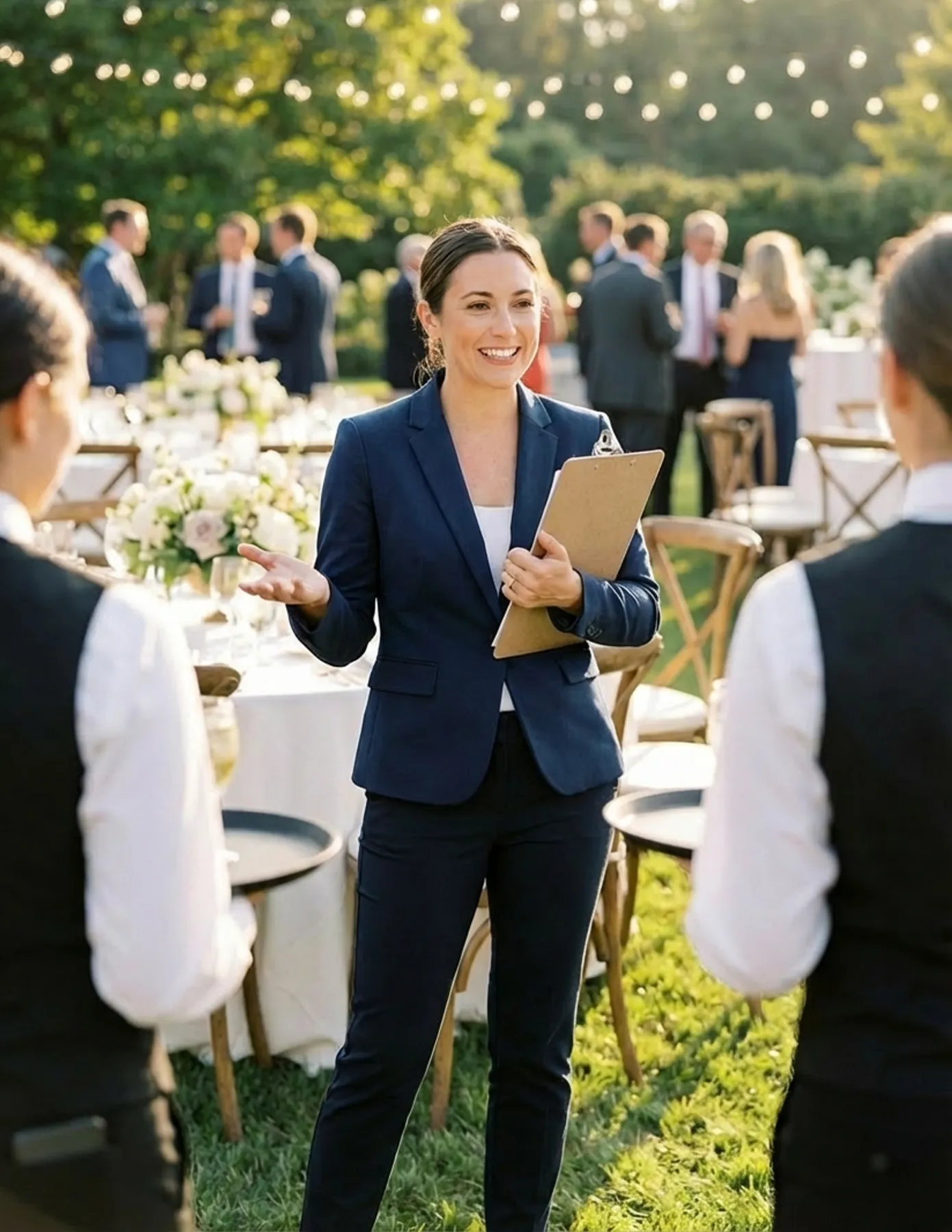 event-manager-directing-staff-outdoor-wedding-reception-hmg-plus. Professional event planner holding a clipboard while coordinating staff at an outdoor wedding reception