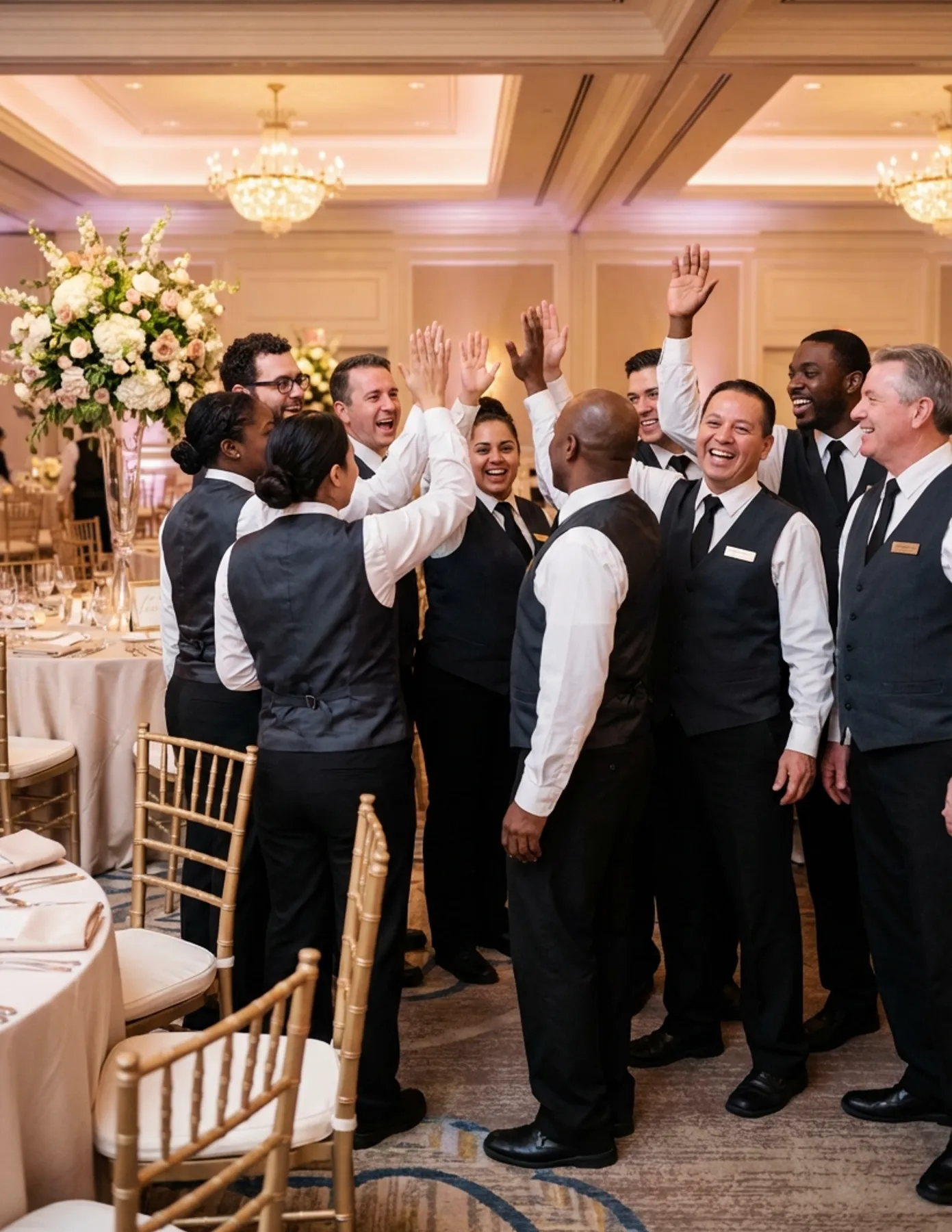 event-staff-team-high-five-celebration-ballroom-hmg-plus. Group of catering and event staff giving high fives while standing in a formal banquet hall after event setup