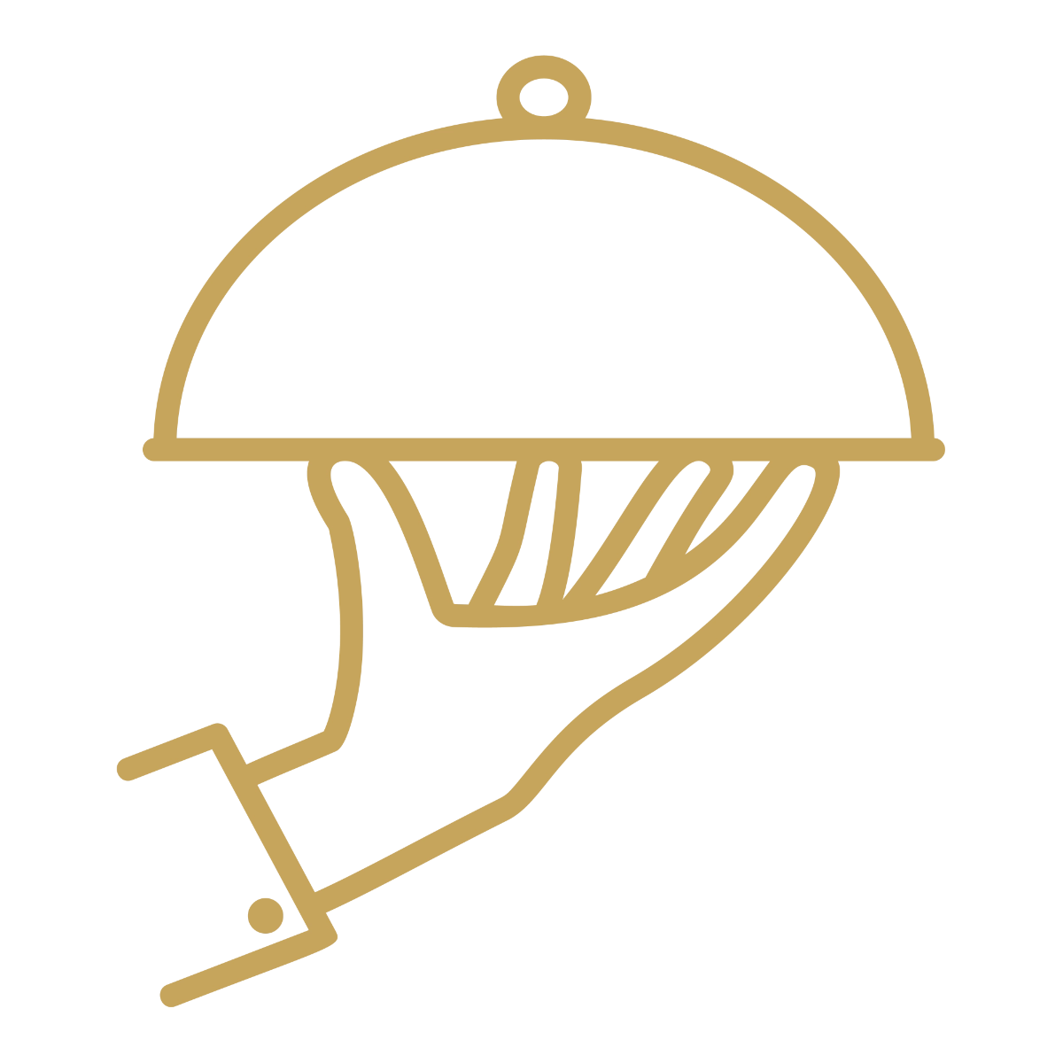 Gold line icon of a gloved hand holding a covered silver service cloche, representing upscale food service.