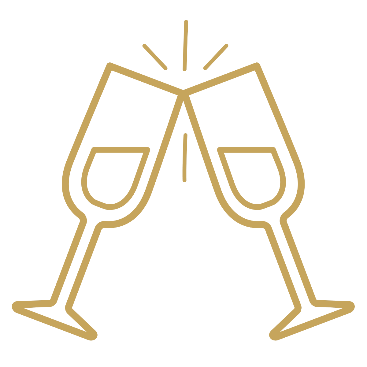 Gold line icon of two champagne flutes clinking together in a celebratory toast.