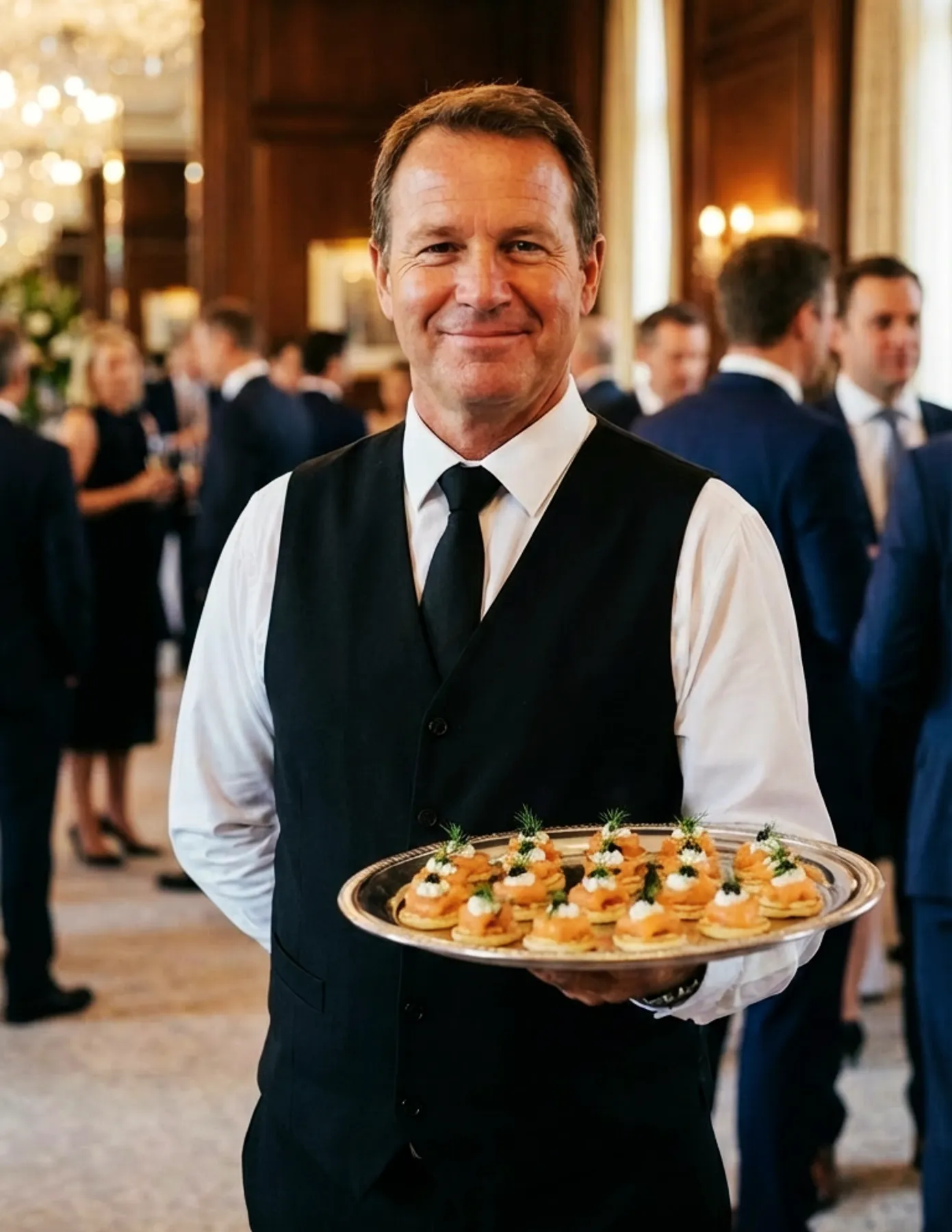 A smiling male event server holding a silver tray of smoked salmon canapés at a formal cocktail reception.