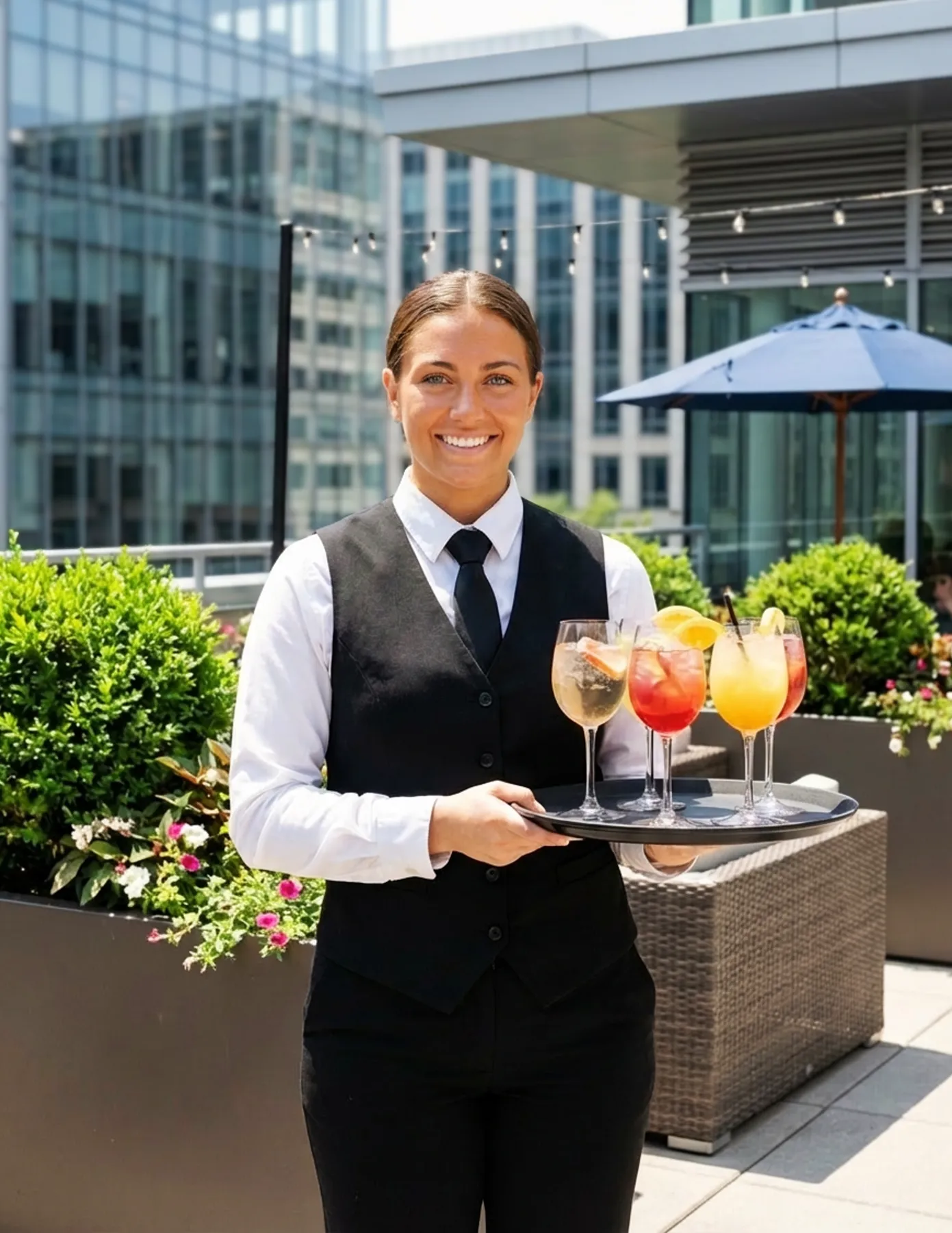 female-server-colorful-cocktails-tray-rooftop-terrace-hmg-plus. A smiling female server in a black vest holding a tray of colorful cocktails on a rooftop terrace with a city skyline behind her.
