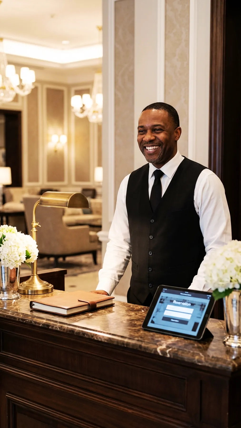 A smiling male hotel concierge in a black vest standing at a marble reception desk with white hydrangeas and a reservation tablet.