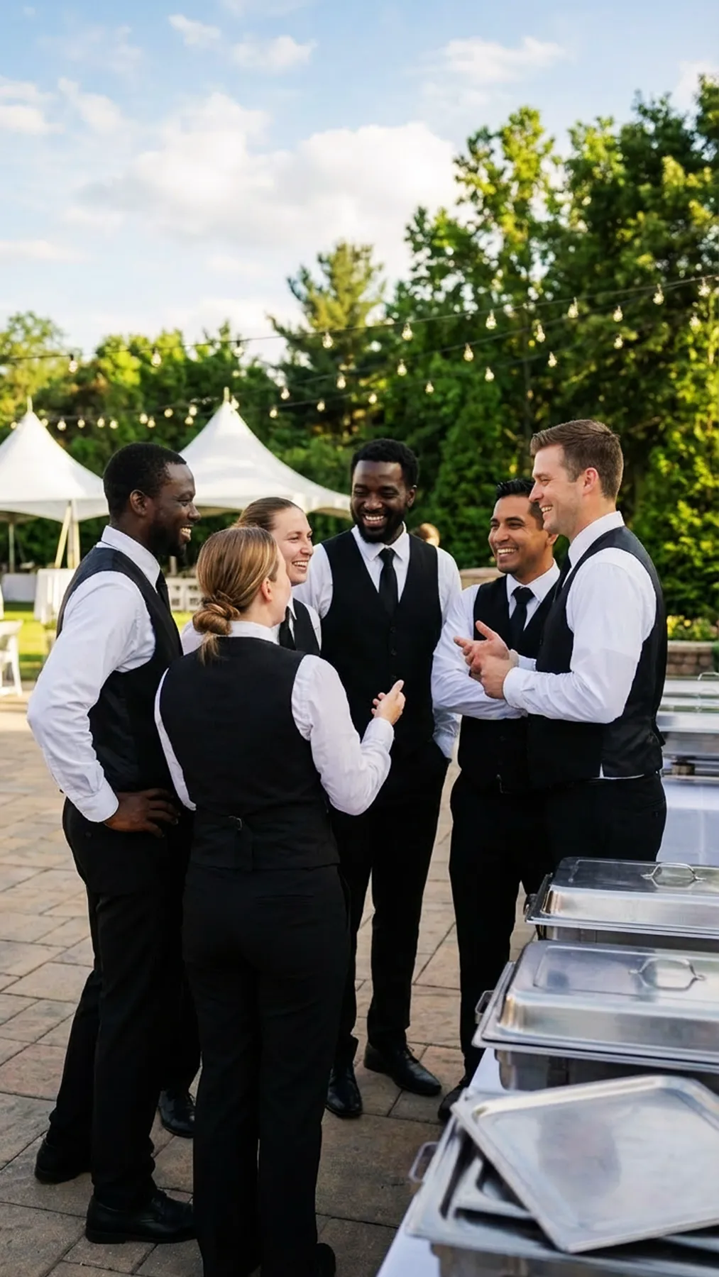 catering-staff-team-laughing-outdoor-event-patio-hmg-plus. A group of five uniformed catering staff laughing together outdoors beside chafing dishes before an event.