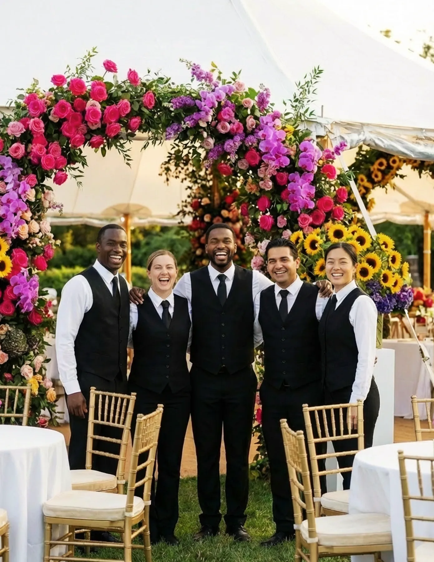event-staff-team-floral-arch-outdoor-wedding-reception-hmg-plus. Five uniformed event staff members laughing together under a large floral arch at an outdoor wedding reception.