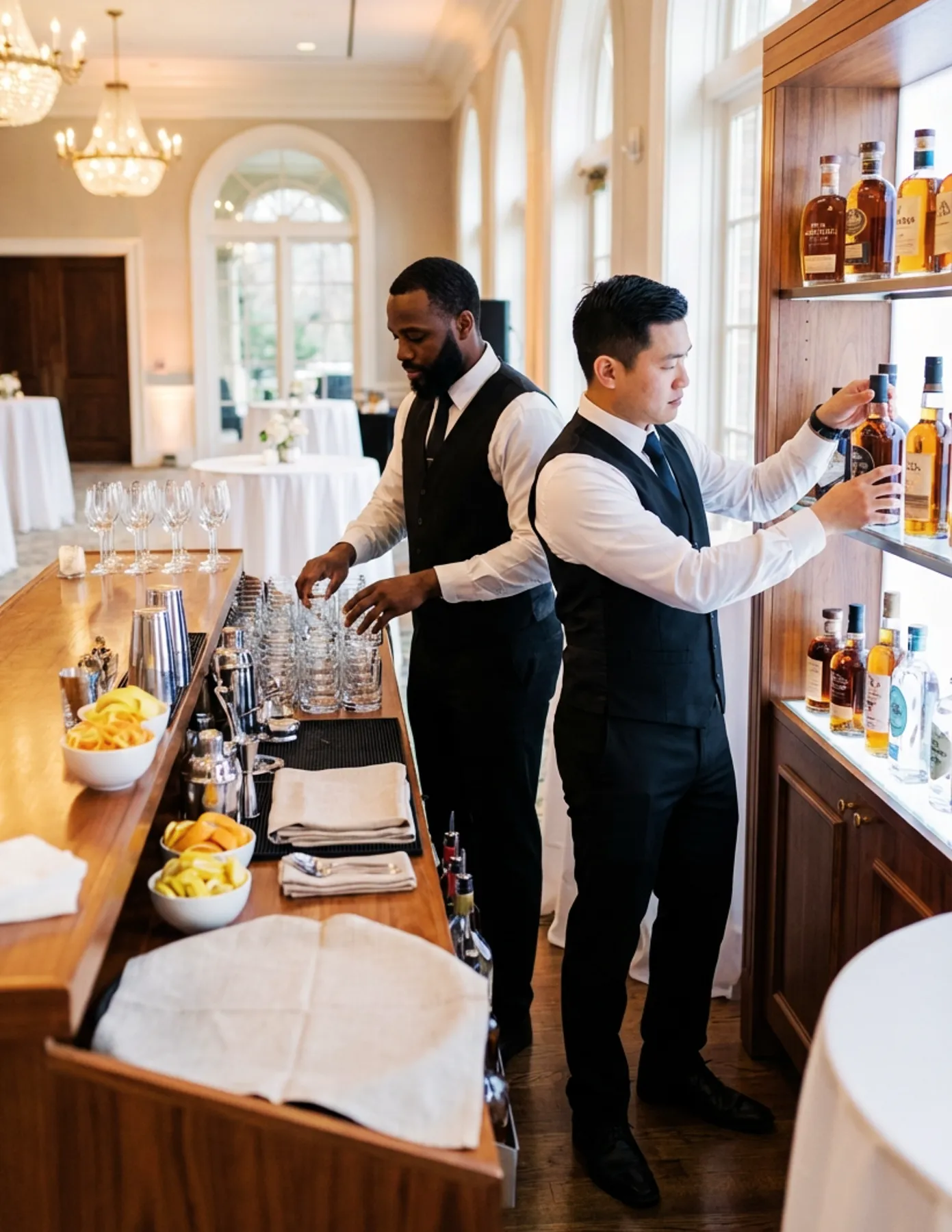 bartenders-bar-setup-glassware-spirits-formal-event-hmg-plus. Two uniformed bartenders setting up a bar with glassware and spirit bottles before a formal event.