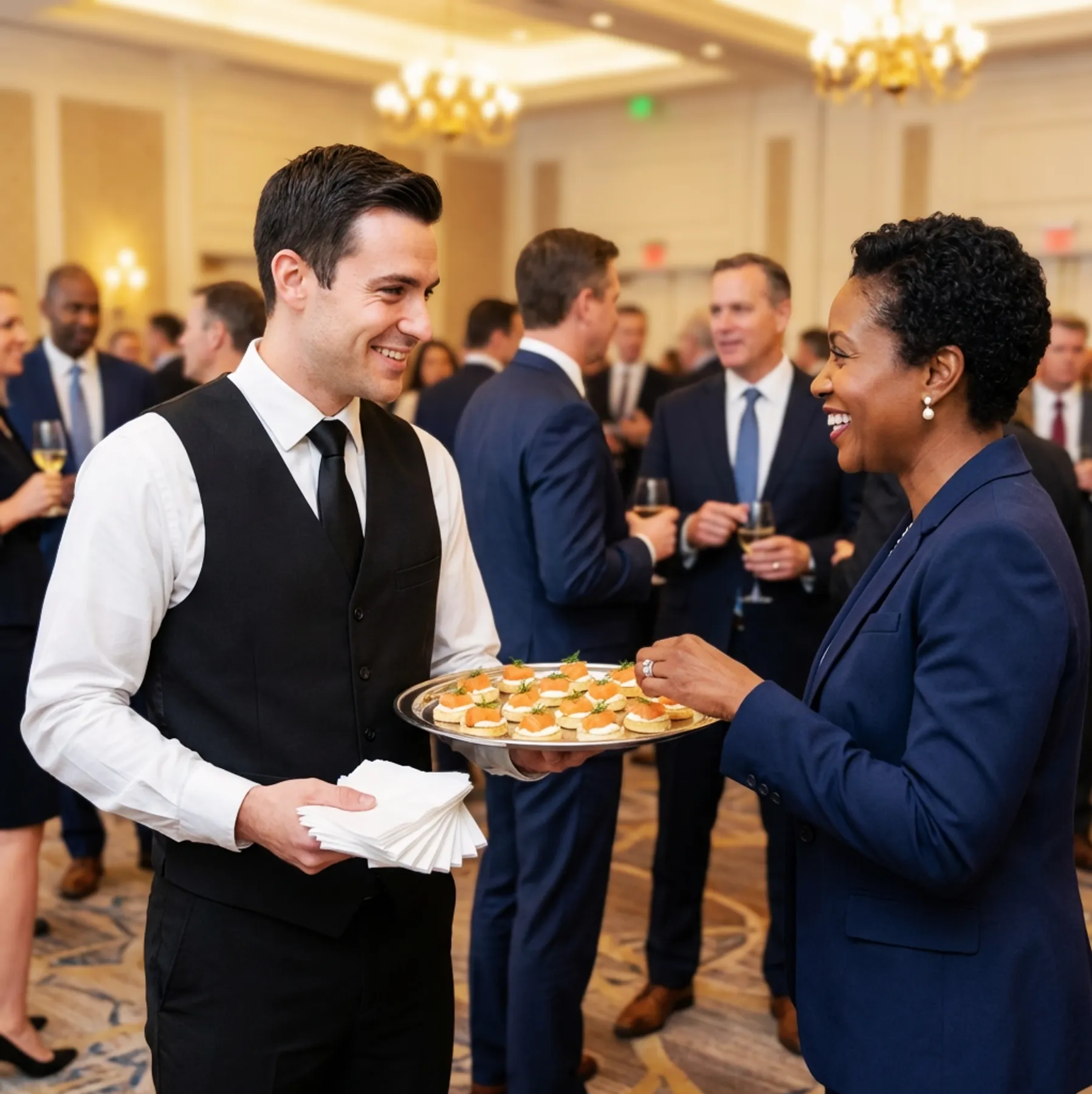 event-server-canape-tray-corporate-cocktail-reception-hmg-plus. Catering server holding a tray of hors d’oeuvres while speaking with a guest at a formal corporate reception