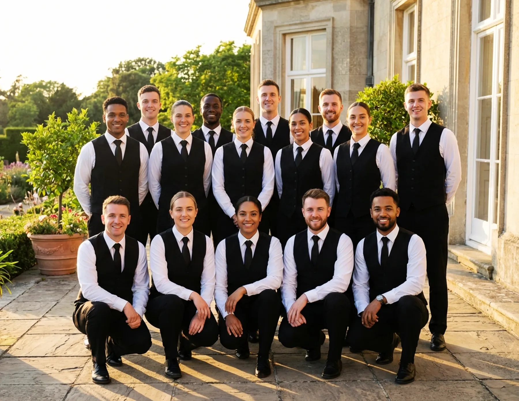 hospitality-staff-team-group-photo-stone-manor-garden-hmg-plus. A large group of uniformed hospitality staff posing in two rows outside a stone manor house in warm evening light.