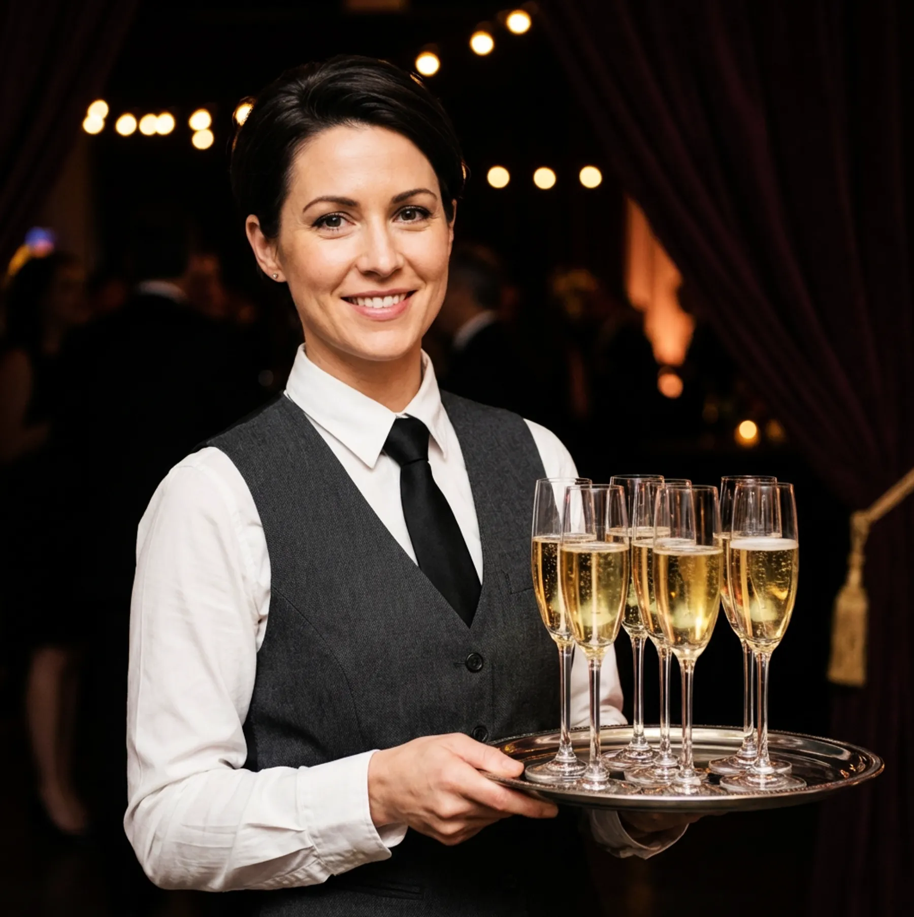A smiling female event server in a gray vest holding a silver tray of champagne flutes at a formal evening event.