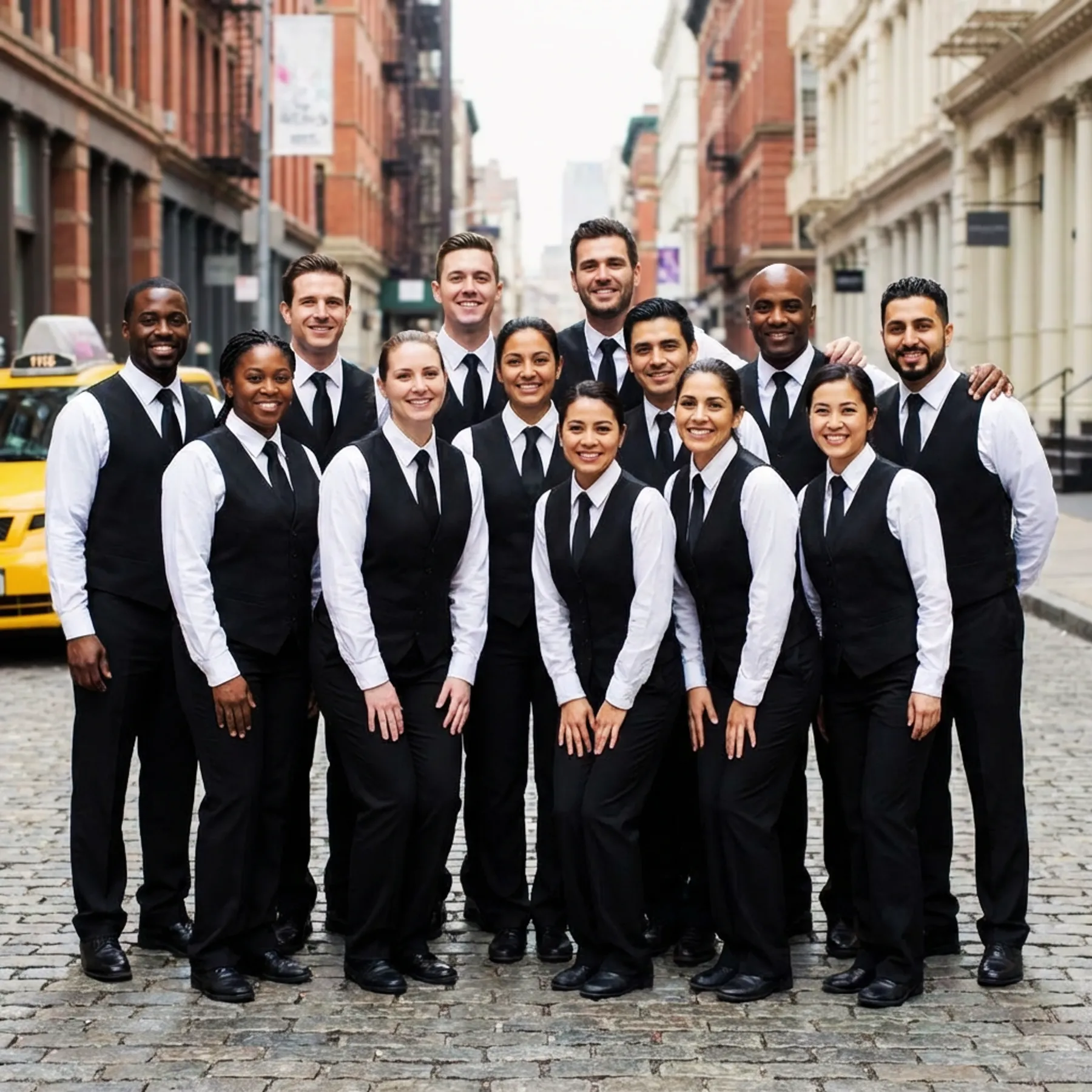 diverse-hospitality-staff-team-cobblestone-street-nyc-hmg-plus. A large diverse group of uniformed hospitality staff posing together on a cobblestone street in New York City.