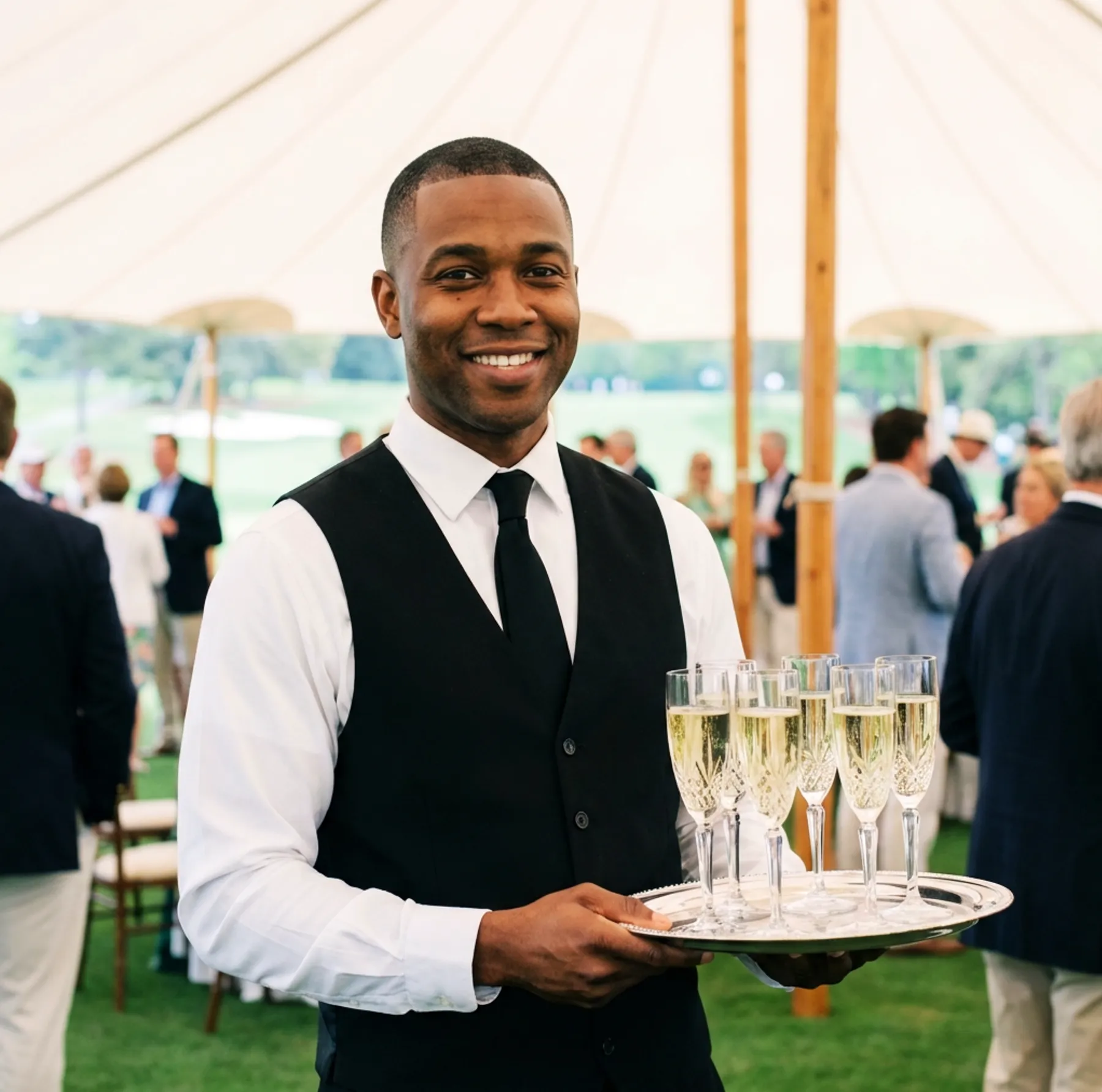A smiling male event server holding a silver tray of champagne flutes inside a tent at an outdoor garden party.