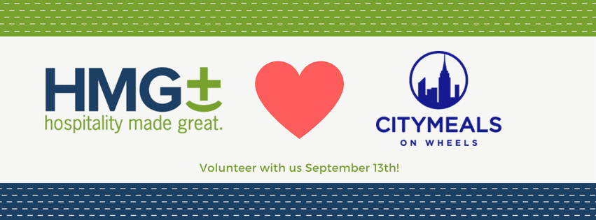 HMG+ and Citymeals on Wheels co-branded volunteer event banner with a heart graphic
