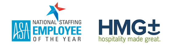 ASA National Staffing Employee of the Year award logo alongside the HMG+ Hospitality Made Great logo