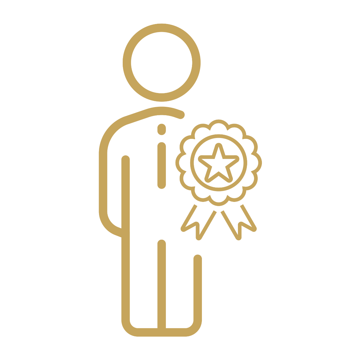 Gold line-art icon of a standing figure displaying a star award badge with a ribbon.
