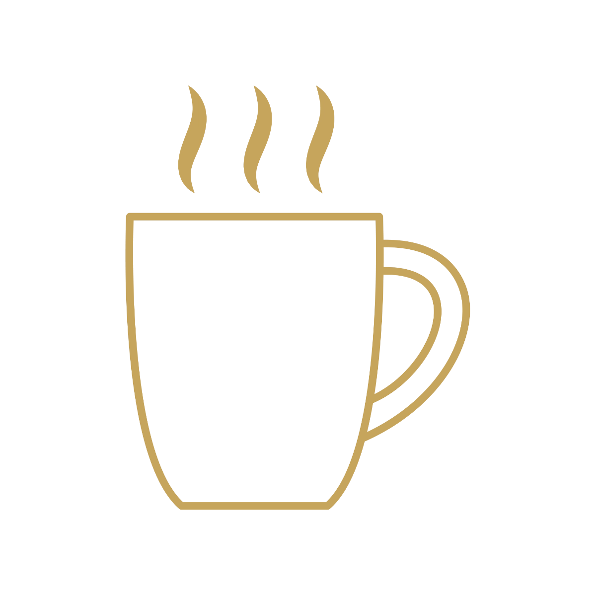 Gold line-art icon of a large mug with steam rising from the top, representing a hot beverage.