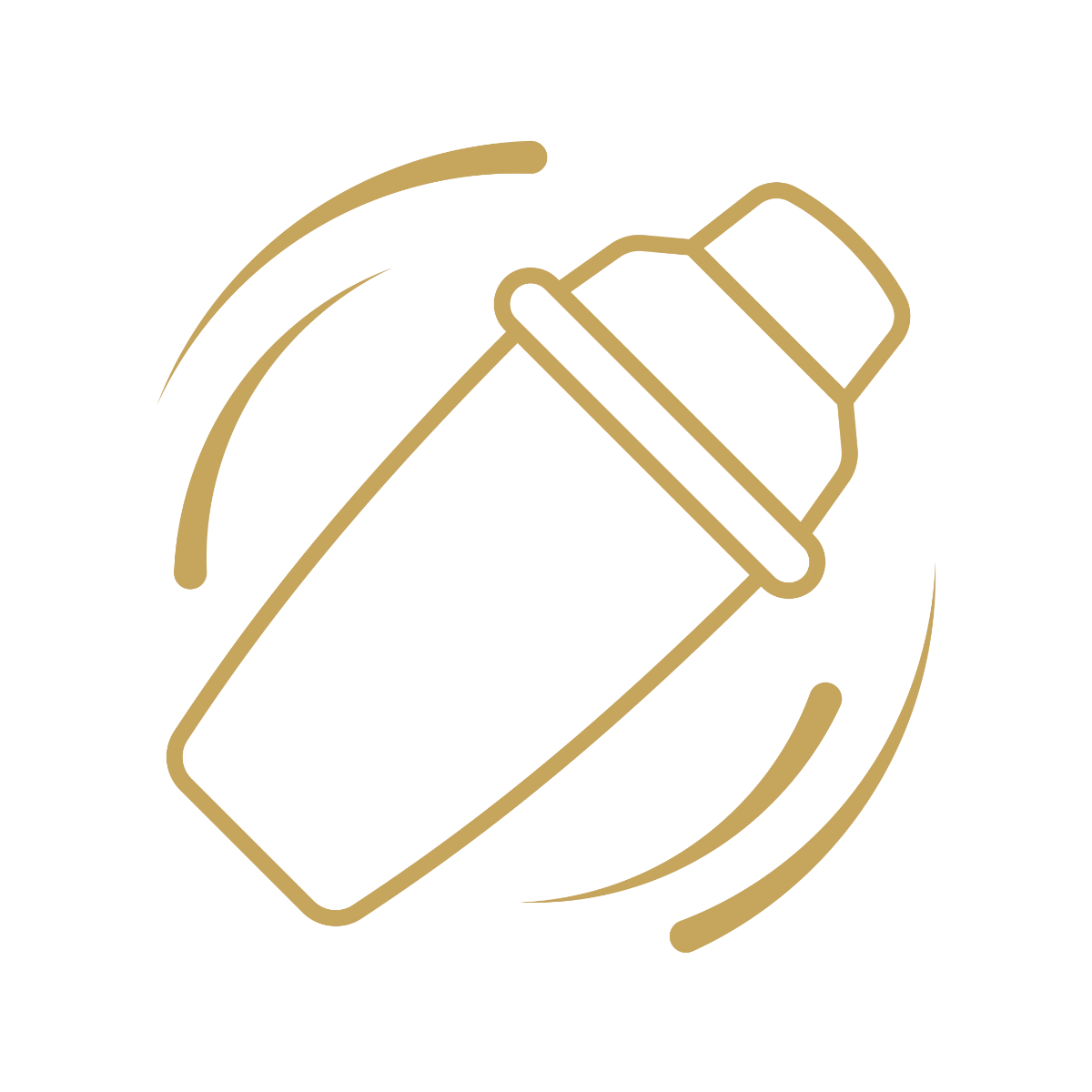 Gold line-art icon of a cocktail shaker depicted in motion with curved lines indicating movement.