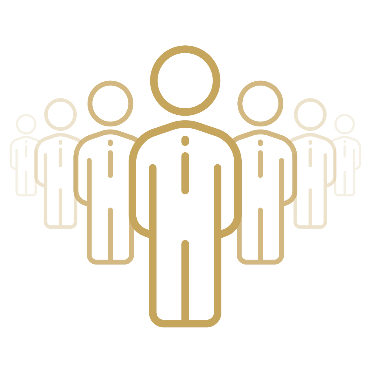 Gold line-art icon of a group of seven suited figures arranged in a V formation with a prominent leader in the front center.