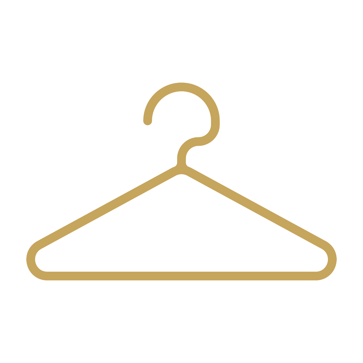 Gold line-art icon of a simple clothing hanger with a rounded hook.