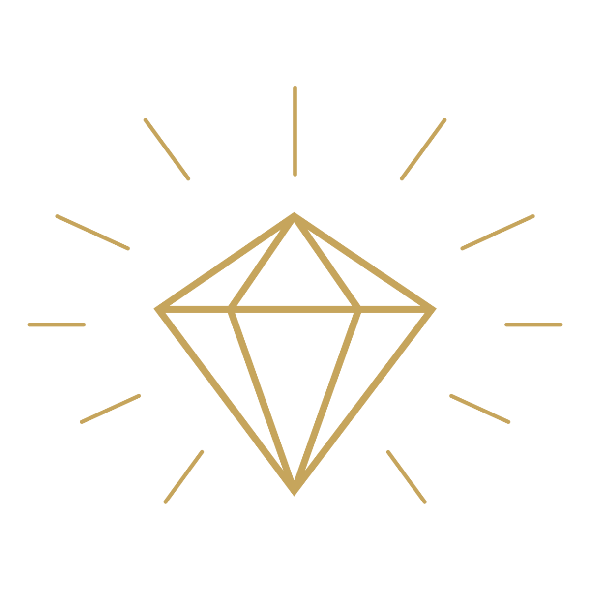 Gold line-art icon of a geometric diamond gemstone radiating short lines of light in all directions.