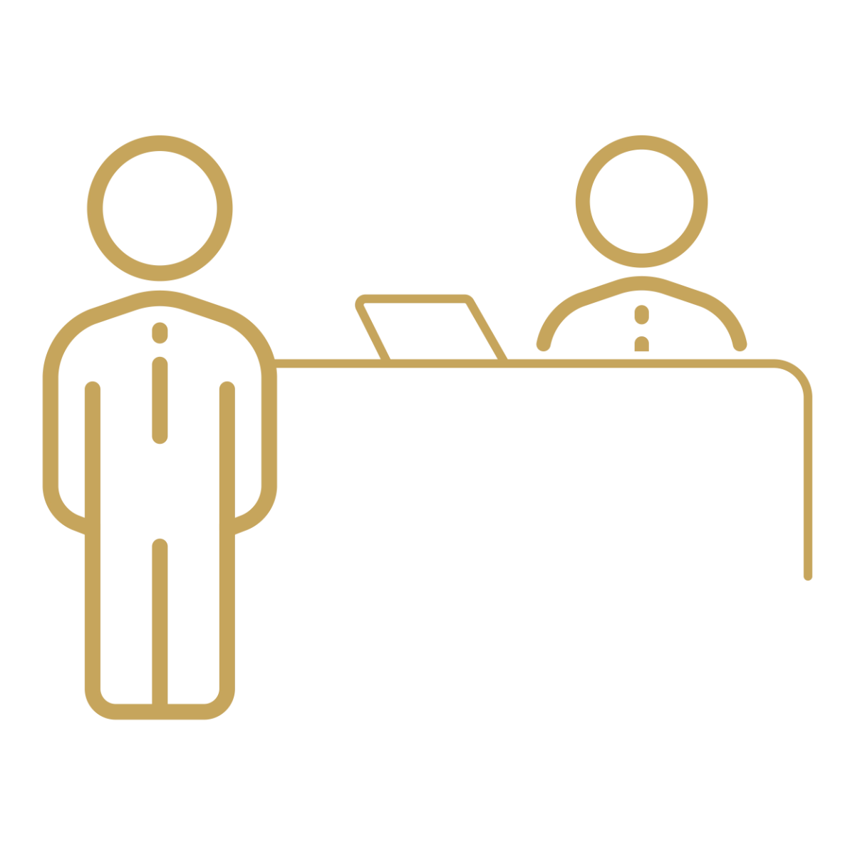 Gold line-art icon of a suited guest standing at a hotel reception desk where a staff member works at a laptop.
