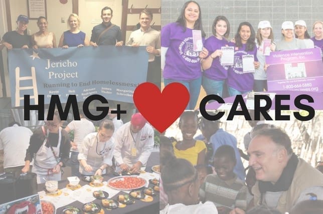 An HMG+ Cares community collage featuring four photos: a group holding a Jericho Project 'Running to End Homelessness' banner, young volunteers in purple shirts supporting the Violence Intervention Program, chefs preparing food at a culinary event, and people gathered at a community outreach activity, with 'HMG+ ❤️ Cares' overlaid in bold text.