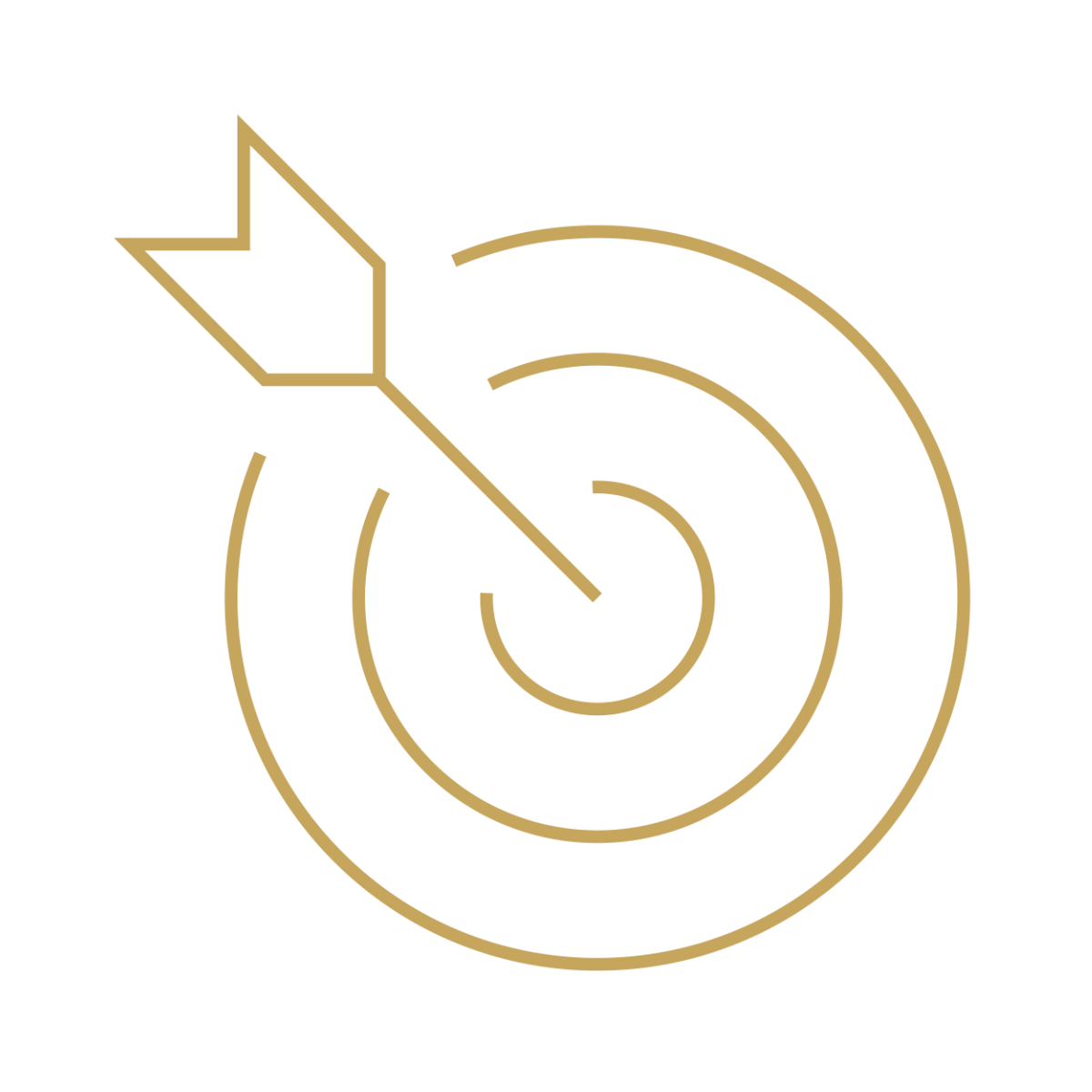 Gold line-art icon of an arrow striking the center of a multi-ring bullseye target.