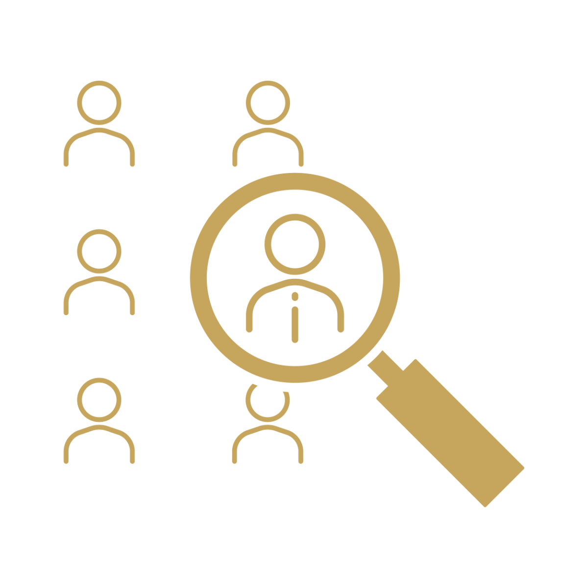 Gold line-art icon of a magnifying glass zooming in on one figure from a group of five, representing talent selection or recruitment.