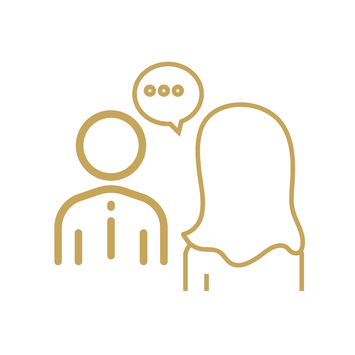 Gold line-art icon of two figures in conversation, with a speech bubble containing three dots above them.