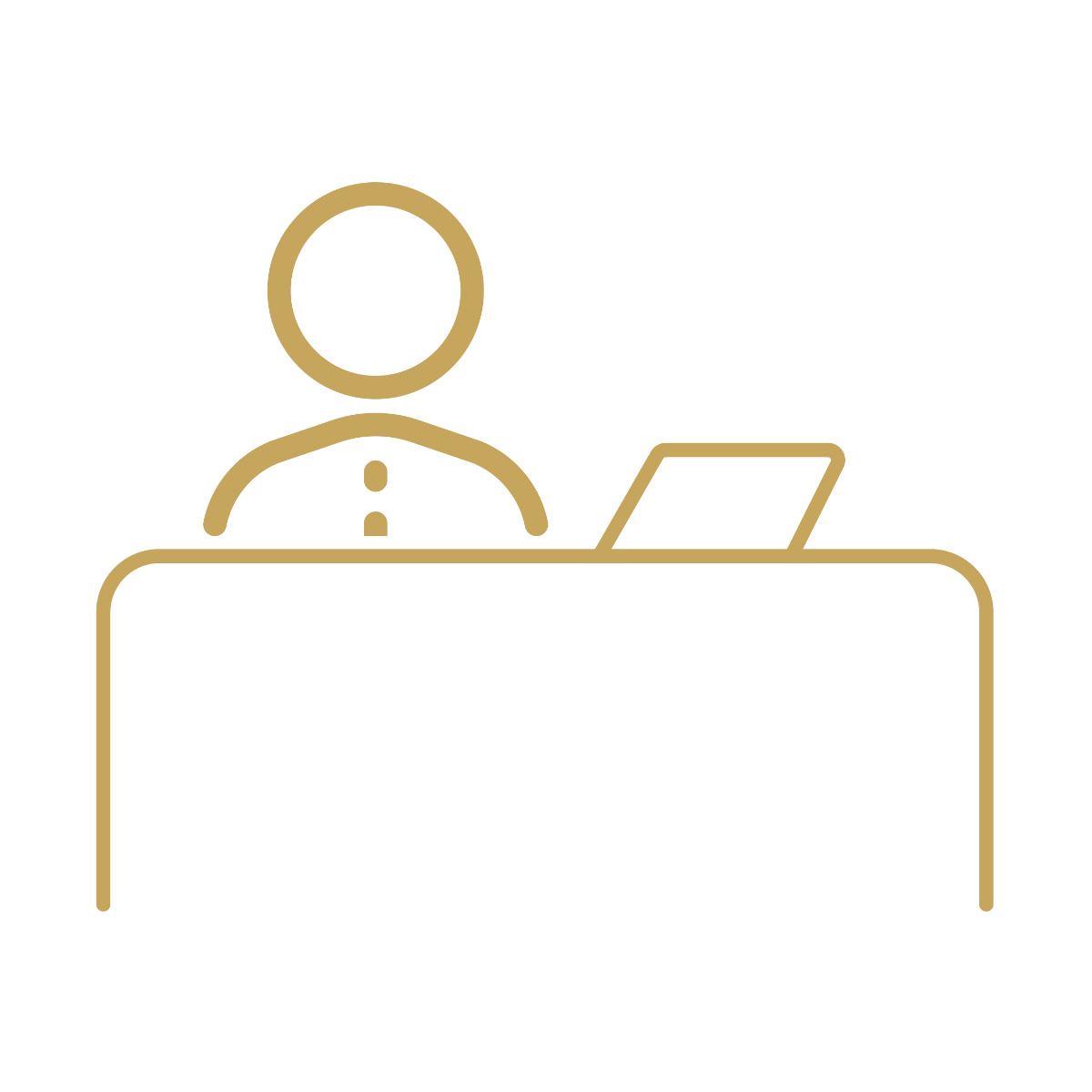 Gold line-art icon of a single receptionist seated behind a desk with a laptop.