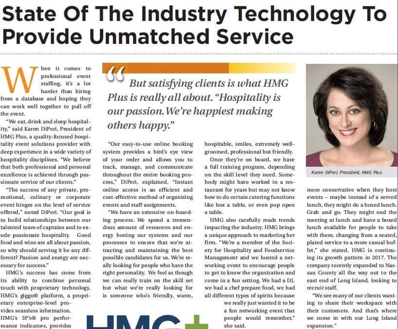 A magazine article titled 'State of the Industry Technology to Provide Unmatched Service,' featuring a quote and interview with Karen DiPeri, President of HMG Plus, accompanied by her headshot and the HMG+ logo.
