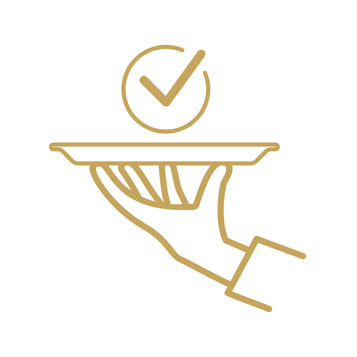 Gold line-art icon of a gloved hand holding a service tray with a checkmark in a circle above it, symbolizing approved or quality service.