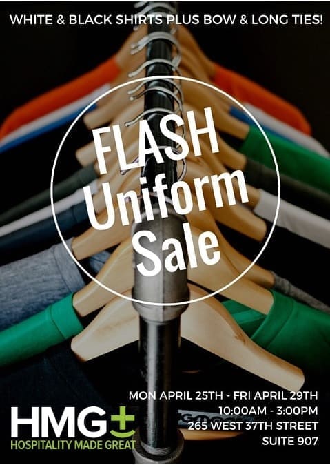 HMG+ flash uniform sale promotional flyer featuring clothing on hangers with event details