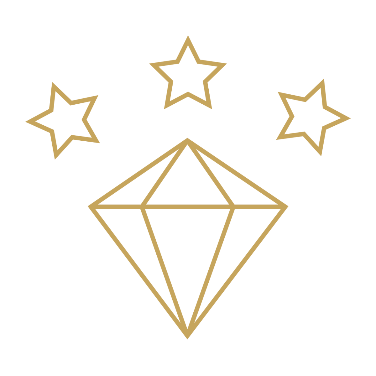 Gold line-art icon of a geometric diamond gemstone with three five-pointed stars arranged above it.