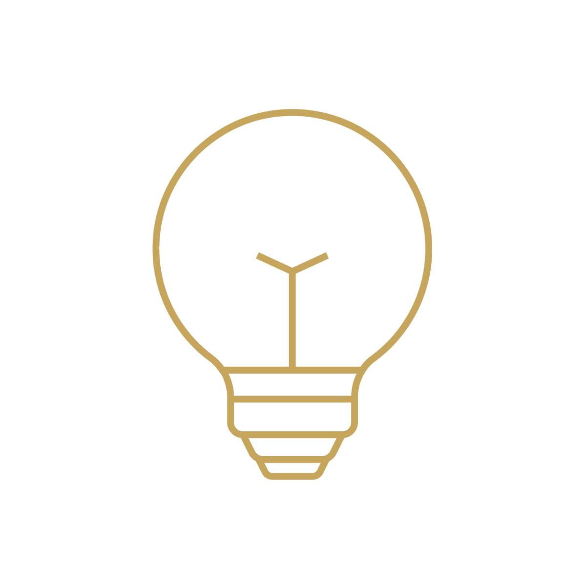 Gold line-art icon of a light bulb with a visible filament inside, representing ideas or innovation.
