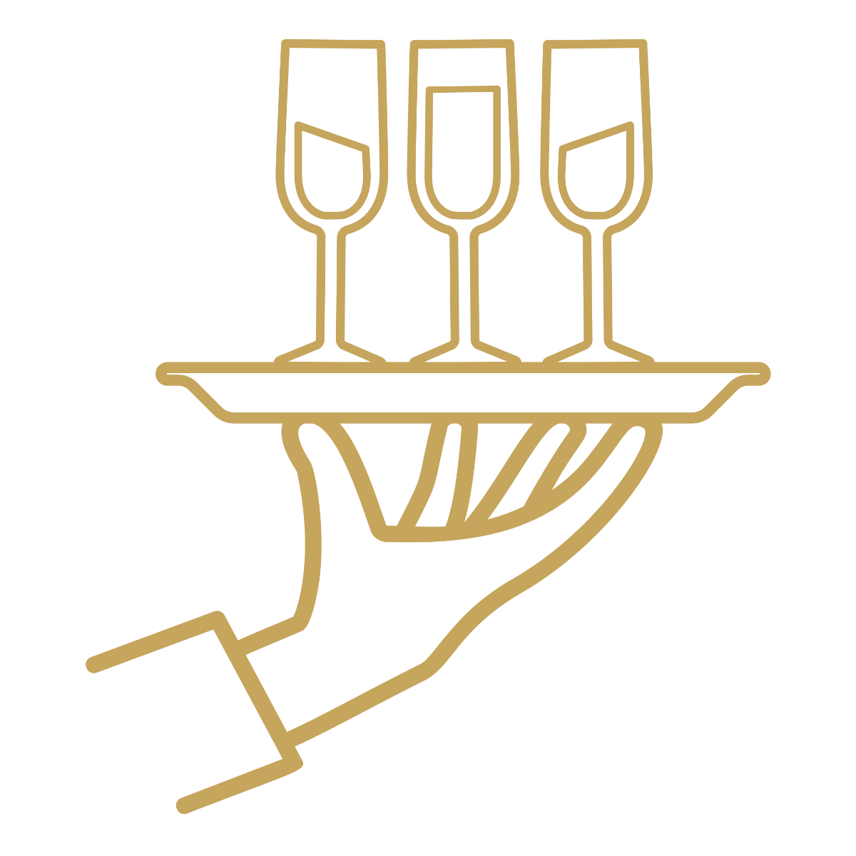 Gold line-art icon of a gloved hand holding a service tray with three champagne flutes.