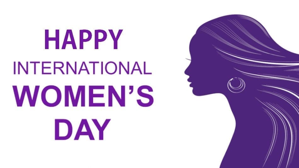 Banner with a purple silhouette of a woman and purple text that reads "Happy International Women's Day".