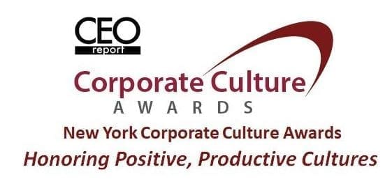 CEO Report's Corporate Culture Awards logo, with the text 'New York Corporate Culture Awards — Honoring Positive, Productive Cultures' in burgundy and black, accompanied by a bold red swoosh graphic.