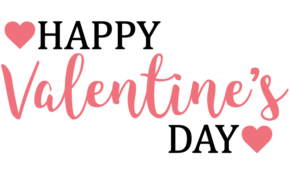 "Valentine's" text in pink cursive script with small heart graphics on a transparent background