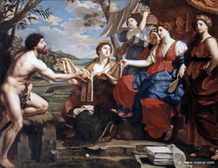 A classical Baroque oil painting depicting a mythological scene, showing a bearded male figure kneeling before a group of elegantly dressed women in rich red, blue, and gold robes, set against a pastoral landscape with a cloudy sky.
