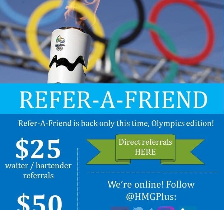 HMG+ Refer-A-Friend Olympics edition promotional graphic with an Olympic torch and referral bonus details