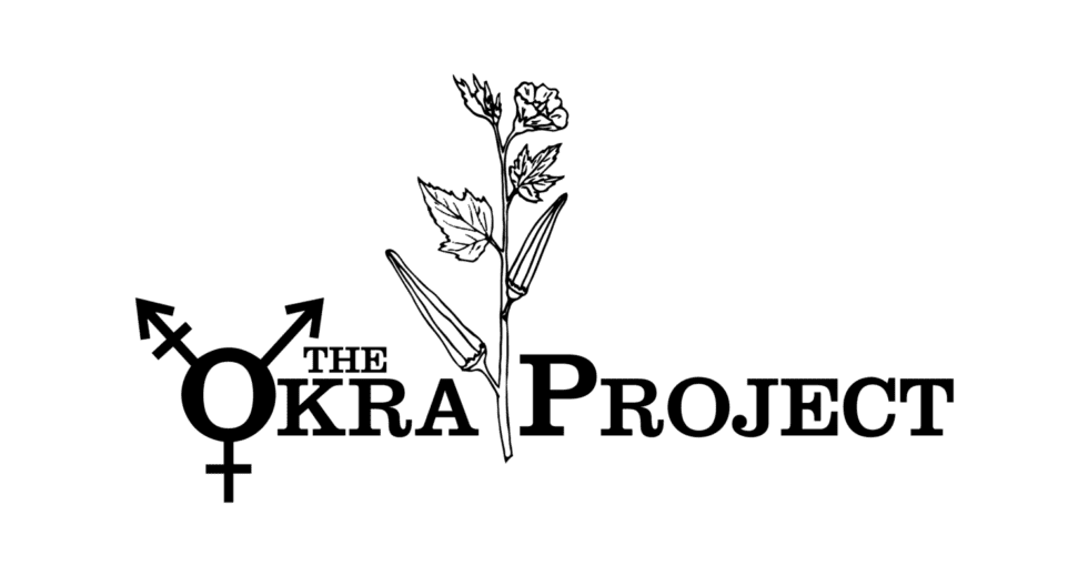 The Okra Project logo featuring a transgender symbol, an illustrated okra plant, and bold serif text on a white background