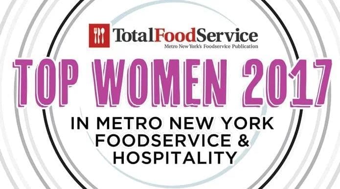 A graphic featuring the Total Food Service magazine logo — Metro New York's Foodservice Publication — with bold pink text reading 'Top Women 2017 in Metro New York Foodservice & Hospitality,' set against a white background with circular line design elements.