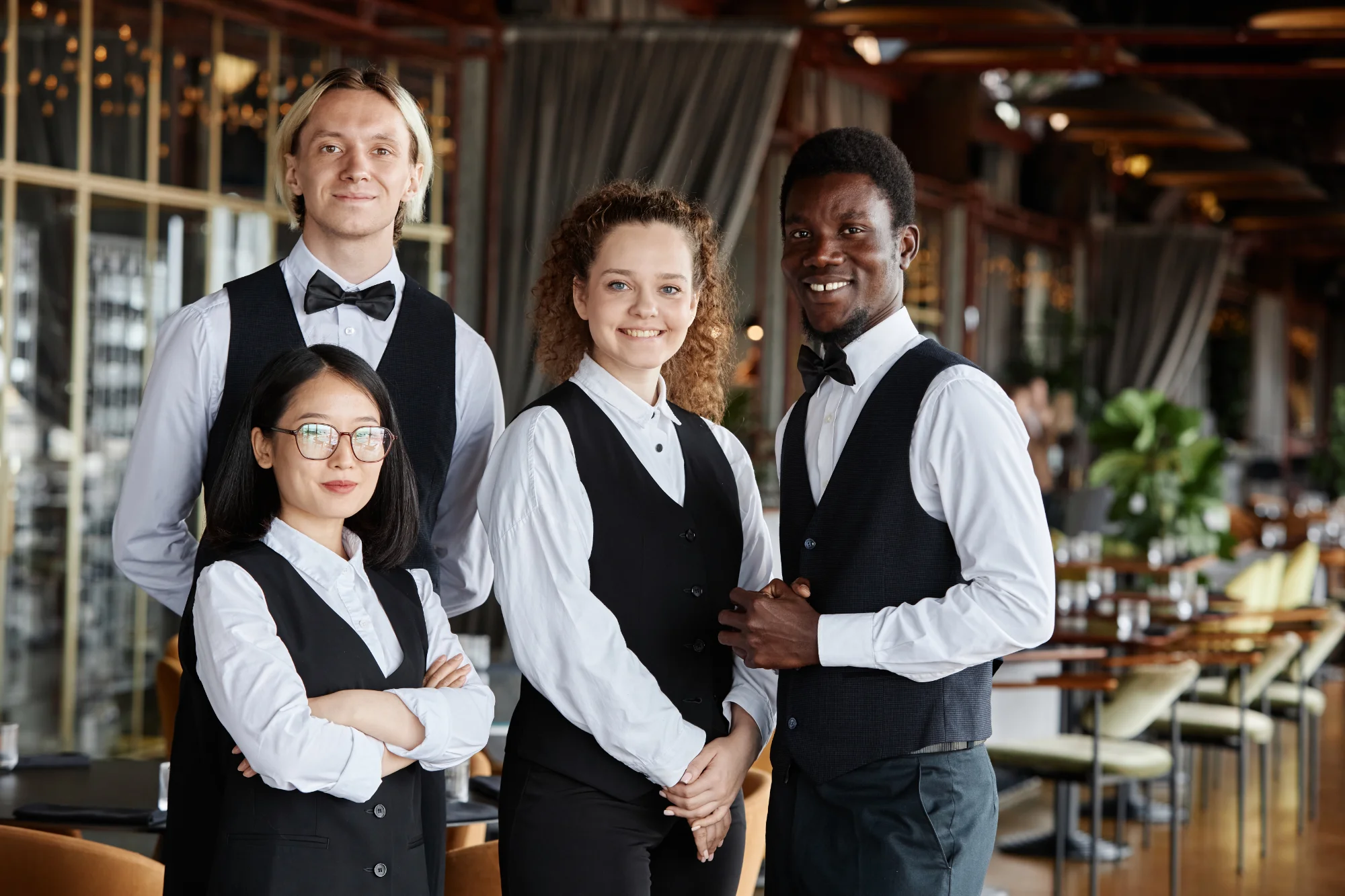 A diverse team of four professional event staff members in matching black vests and white shirts smiling in an upscale restaurant or event venue.