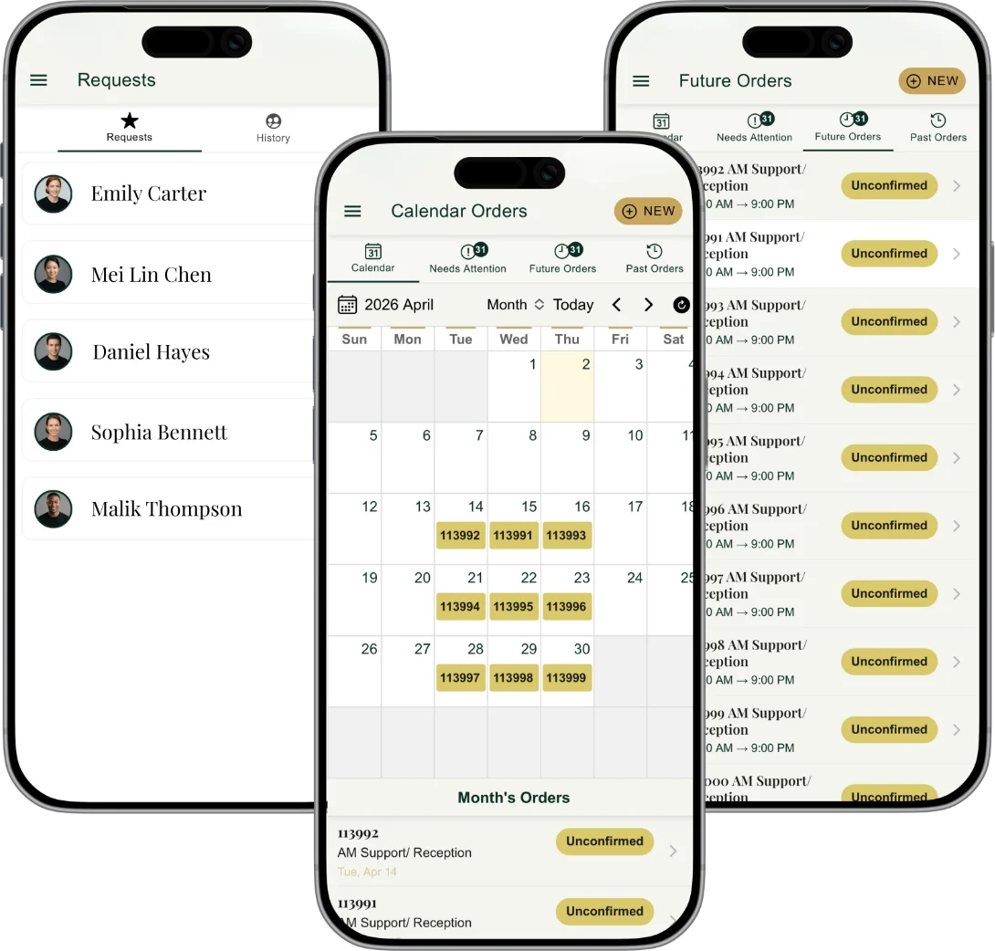 Three smartphone screens displaying a hospitality workforce management app, showing a staff requests list, a calendar orders view for April 2026, and a future orders panel with unconfirmed shift listings.